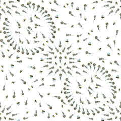 Botanic herbs flowers bees seamless pattern illustration color.