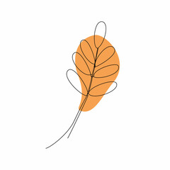Continuous line art or One Line Drawing of leaf and with colored geometric shape. Vector illustration