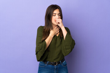 Teenager Brazilian girl over isolated purple background coughing a lot