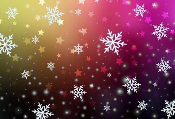 Dark Pink, Yellow vector background with xmas snowflakes, stars.