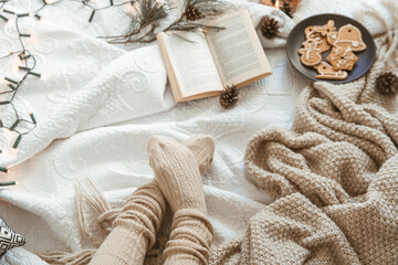 Fototapeta na wymiar Cozy winter day at home in bed with warm knitted blanket, book and gingerbread. Woman wearing warm woolen socks on cold winter day
