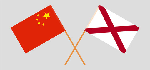 Crossed flags of China and The State of Alabama. Official colors. Correct proportion
