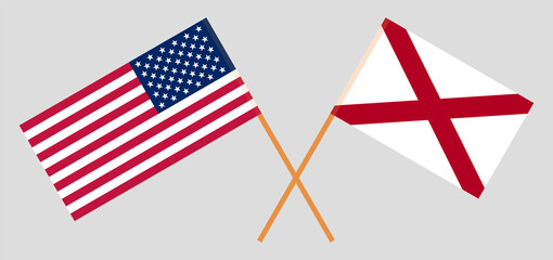 Crossed flags of the USA and The State of Alabama. Official colors. Correct proportion
