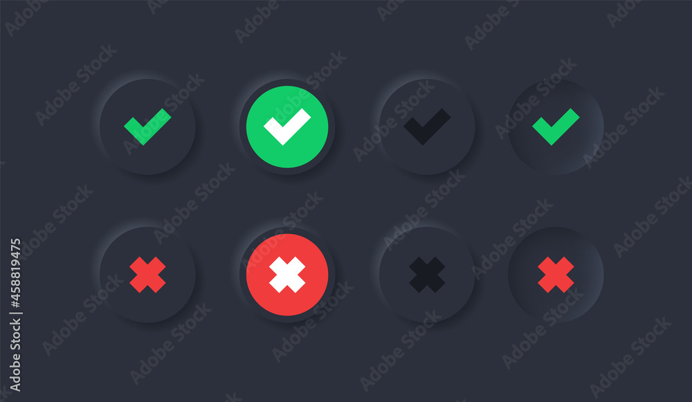 Aufkleber checkmark icon button in black neumorphism buttons - green tick and red cross icons symbols in modern neumorphic circle with dark black background - ui ux user interface for apps and website