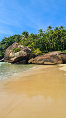 Praia com água cristalina no litoral paulista