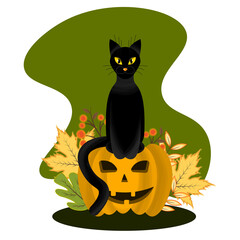 halloween illustration with a cat and a pumpkin. a design element for Halloween. vector color illustration with a black cat and a pumpkin