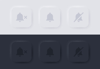 notification bell icon - Alarm symbol in white black neumorphism buttons - application alert flat icon - ringing bell with ringer off - No bell icon in neumorphic style - ui ux user interface for apps