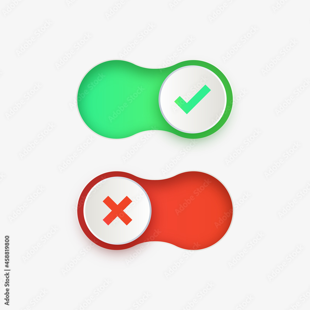 Poster On and Off toggle switch buttons - Switch toggle icons  buttons with checkmark icons - green yes on, red no off for apps and website ui ux user interface design 