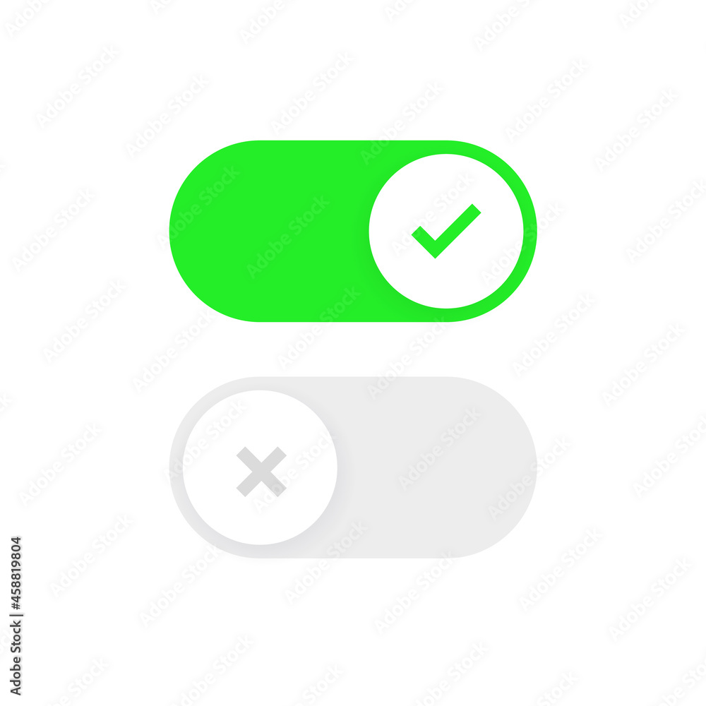 Poster On and Off toggle switch buttons - Switch toggle icons  buttons with checkmark icons - green yes on - grey no off for apps and website ui ux user interface design 