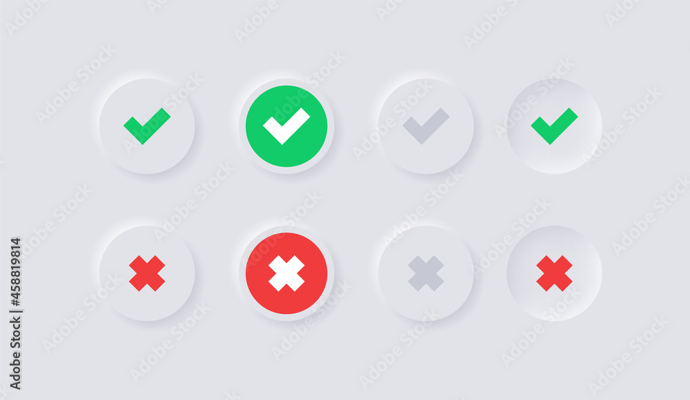 Leinwandbilder checkmark icon button in white neumorphism buttons - green tick and red cross icons symbols in modern neumorphic circle with shadow white background - ui ux user interface for apps and website