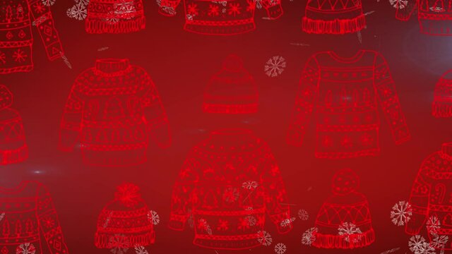 Animation of falling snow and christmas jumper pattern over red background