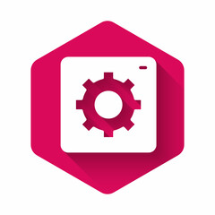 White Setting icon isolated with long shadow background. Tools, service, cog, gear, cogwheel sign. Pink hexagon button. Vector