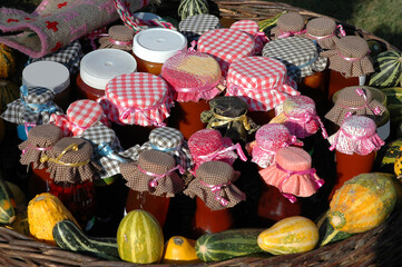 Traditional homemade food and salad in glass jars, prepared for winter