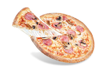 Fresh baked pizza with ham and mushrooms on a white isolated background