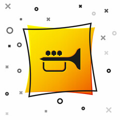 Black Trumpet icon isolated on white background. Musical instrument trumpet. Yellow square button. Vector