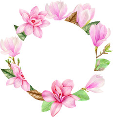 Watercolor and outline graphics. Hand painted round floral border with pink magnolia flowers isolated on white background. Perfect for invitations, wedding design, postcards