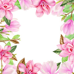 Watercolor and outline graphics. Hand painted square floral frame with pink magnolia flowers isolated on white background. Perfect for invitations, wedding design, postcards