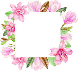 Watercolor and outline graphics. Hand painted square floral frame with pink magnolia flowers isolated on white background. Perfect for invitations, wedding design, postcards