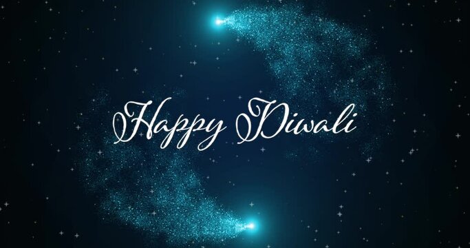 Animation of happy diwali text over shooting stars on black background