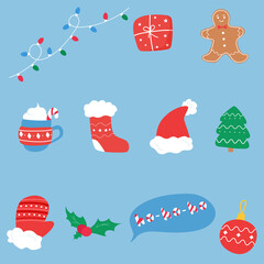 Set of christmas things. Cartoon flat handy illustration.