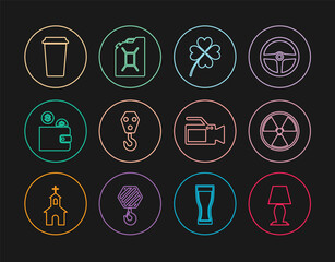Set line Table lamp, Radioactive, Four leaf clover, Industrial hook, Wallet with coin, Coffee cup, Cinema camera and Canister for gasoline icon. Vector