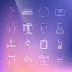 Set line Table lamp, Walkie talkie, Test tube and flask, Circular saw blade, Wooden barrel, Travel suitcase, Christmas sock and Fitness shaker icon. Vector