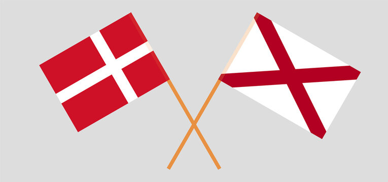 Crossed flags of Denmark and The State of Alabama. Official colors. Correct proportion
