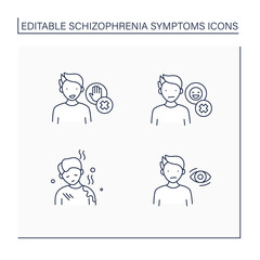 Schizophrenia symptoms line icons set. Poor care, flat, expressionless gaze, emotional expression, Inhibition lack.Healthcare concept. Isolated vector illustrations.Editable stroke