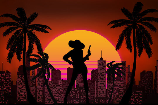 background in retro wave style with evening sun and silhouette of woman with revolver, city on the horizon and palm trees