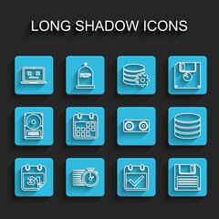 Set line Calendar, Stopwatch, Dead laptop, with check mark, Floppy disk, Database and Stereo speaker icon. Vector