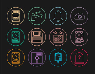 Set line Tombstone with cross, Hard disk drive HDD sync refresh, Ringing bell, Floppy, SSD card, Calendar and Water tap icon. Vector