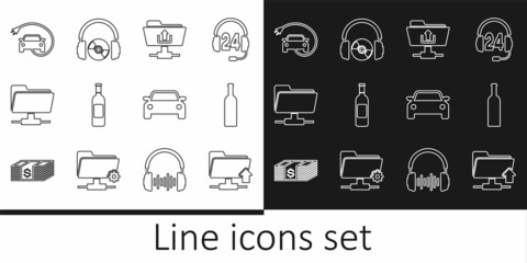 Set line FTP folder upload, Bottle of wine, Electric car, Car and Headphones and CD or DVD icon. Vector