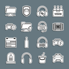 Set line Police car and flasher, Electric, Wooden barrel for wine, Headphones CD DVD, FTP folder upload, Car service, and support icon. Vector