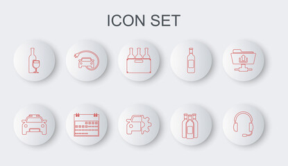 Set line Headphones with microphone, Police car and flasher, Bottles of wine in box, Wine bottle glass, Electric, Calendar and Car service icon. Vector