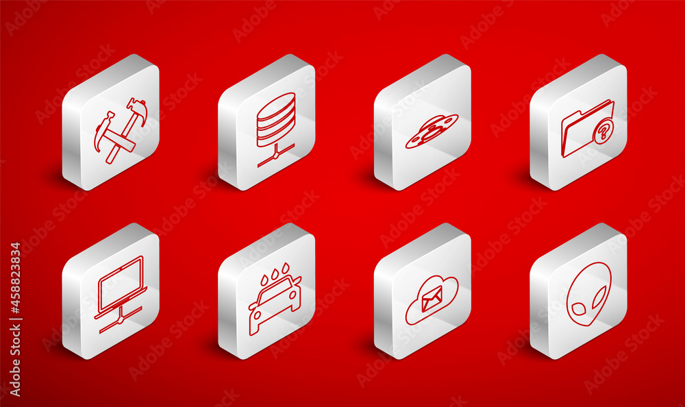 Poster set line alien, server, data, web hosting, ufo flying spaceship, unknown directory, cloud mail serve