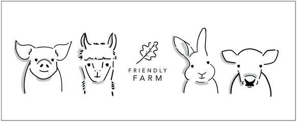Friendly Farm animals in vector illustration. Hand-drawn digital graphic for party event, logo, sign etc. - Pig, Llama, Rabbit, Cow - 
