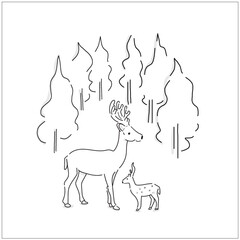 Sweet deer in the forest vector art. Simple hand-drawn illustration of deer and trees for holiday greetings. 