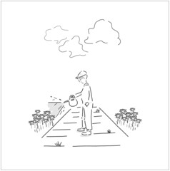 Gardener vector illustration. Hand-drawn illustration of a person watering flowers. 