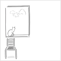 Simple vector illustration of a cat at the window. Editorial drawing of peaceful afternoon. 