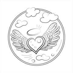 Doodle coloring book on the theme of soaring love, linear drawing of a heart with wings, a flying heart in the sky with clouds, feathers in the wings, drawing, blank for design.