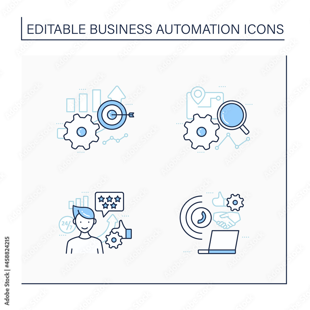 Poster business automation line icons set. customer service, accuracy improved, tracking process, technolog