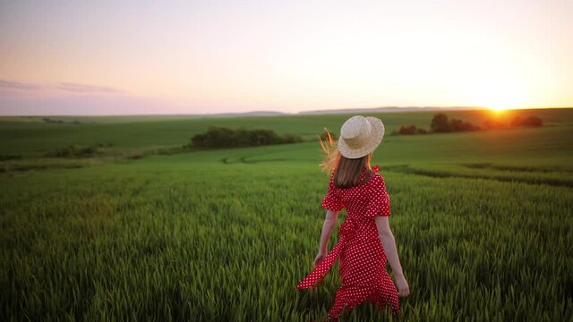 Young woman happily walking in slow motion through a field touching with hand wheat ears. Girl feeling happy and enjoying a day in field of wheat at sunset