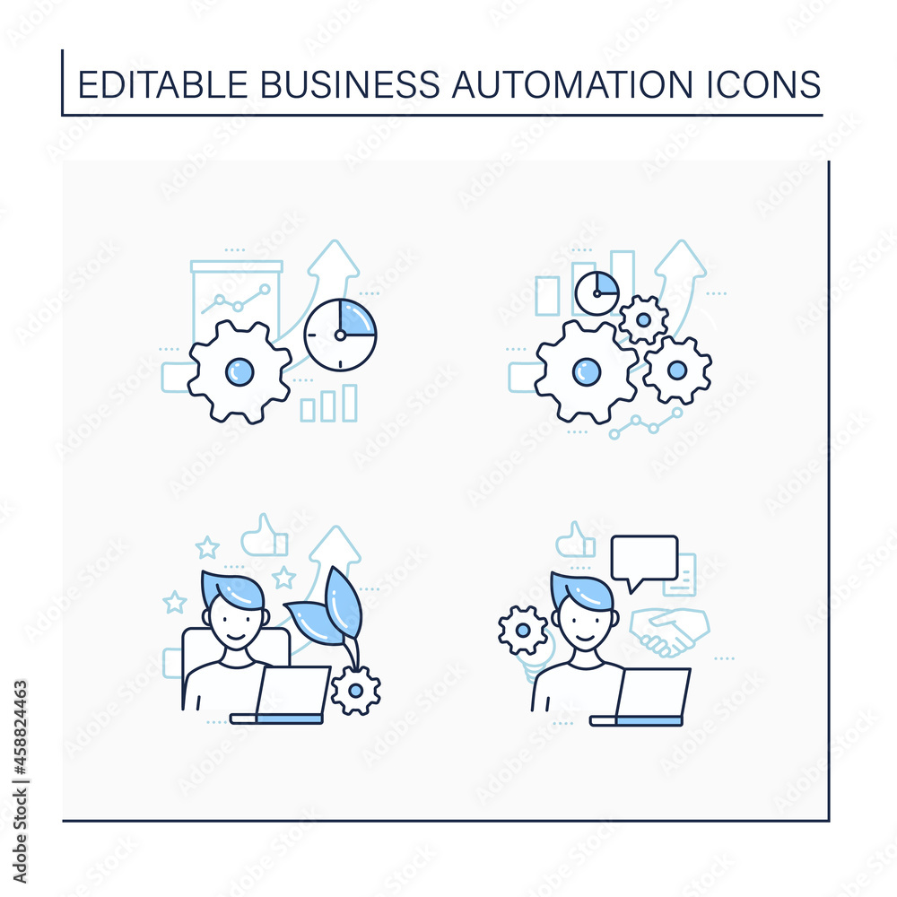 Poster business automation line icons set. increased efficiency, favorite job, open collaboration, greater 