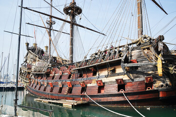 View of the museum of old wooden ships in the port of Genoa. Tourists on the old ship. 05 October 202 Genoa, Italy.