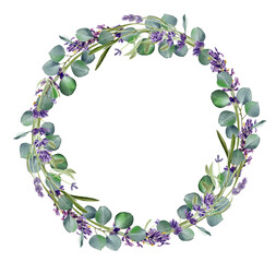 Watercolor eucalyptus leaves and purple lavender flower. Botanical round frame, Greenery branches. Rustic design. Template. Wedding invitation. Floral wreath. Provence illustration. Isolated on white