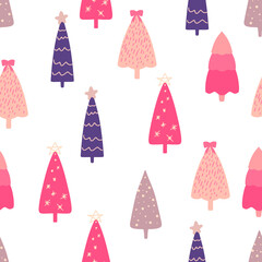 Seamless pattern with Christmas trees, modern flat design. A set of unusual colored Christmas trees. Pink, lilac, beige. For printed products - poster paper, fabric or for the web.