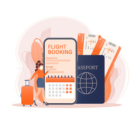 Flyer design for promotion design. Flight tickets online booking illustration landing page. Flat design vector illustration. Travel vector icon.