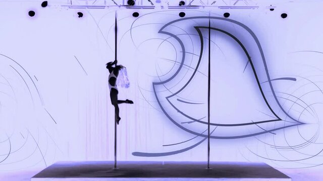 The girl is dancing on a pole. Abstract dark lines. Double exposure effect