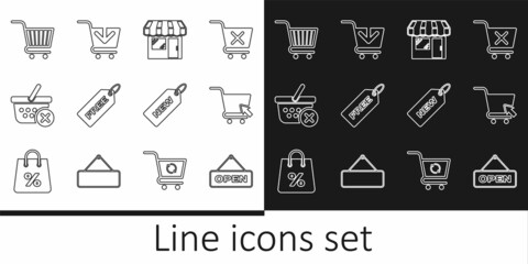 Fototapeta na wymiar Set line Hanging sign with Open door, Shopping cart cursor, Market store, Price tag Free, Remove shopping basket, New and Add icon. Vector