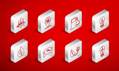 Set line Light bulb with wind turbine, Location shopping basket, Petrol or Gas station, leaf, Electric saving plug, Wind turbines, Hydrogen car and Water energy icon. Vector